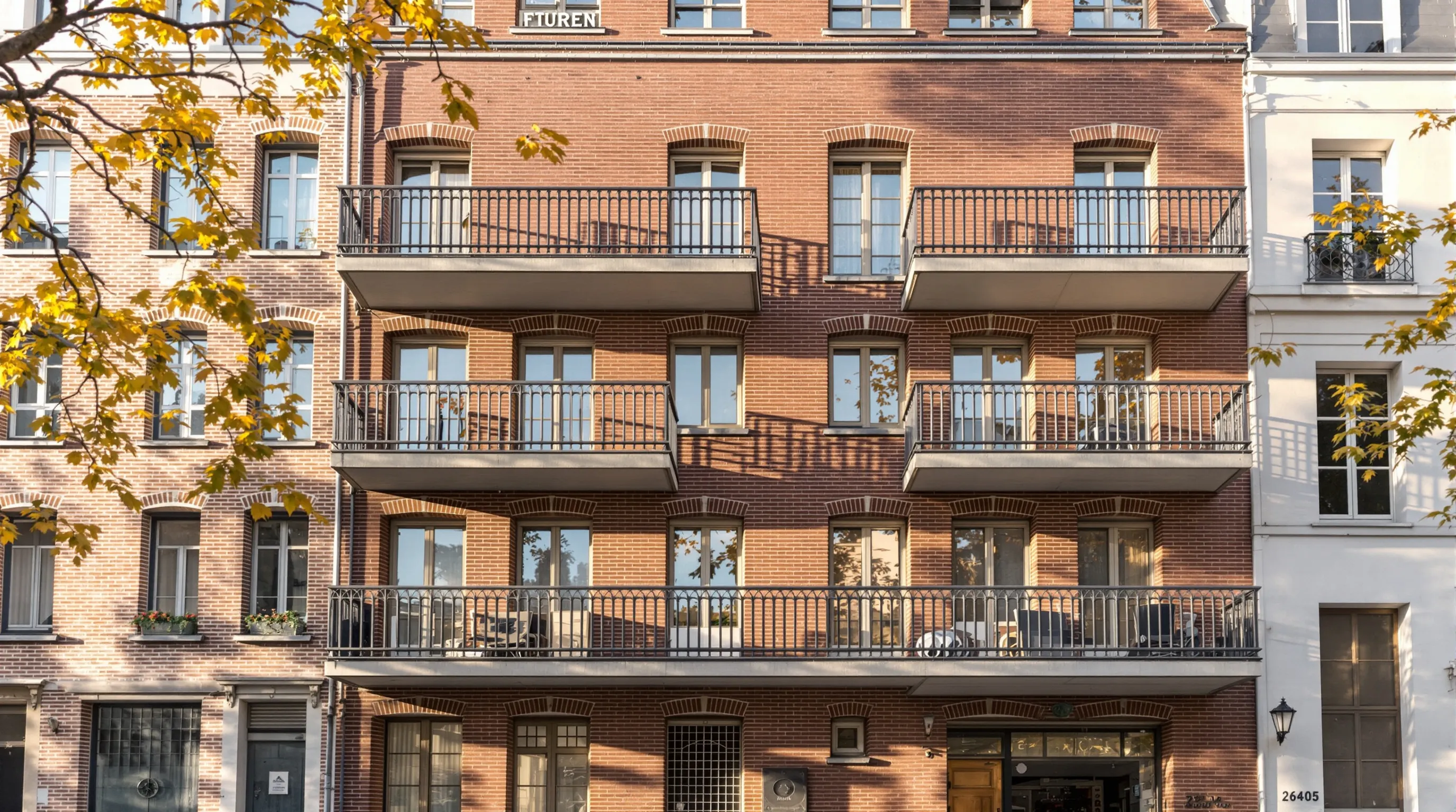 Façade en briques d'un immeuble d'appartements à Bruxelles, avec balcons et entrée commune